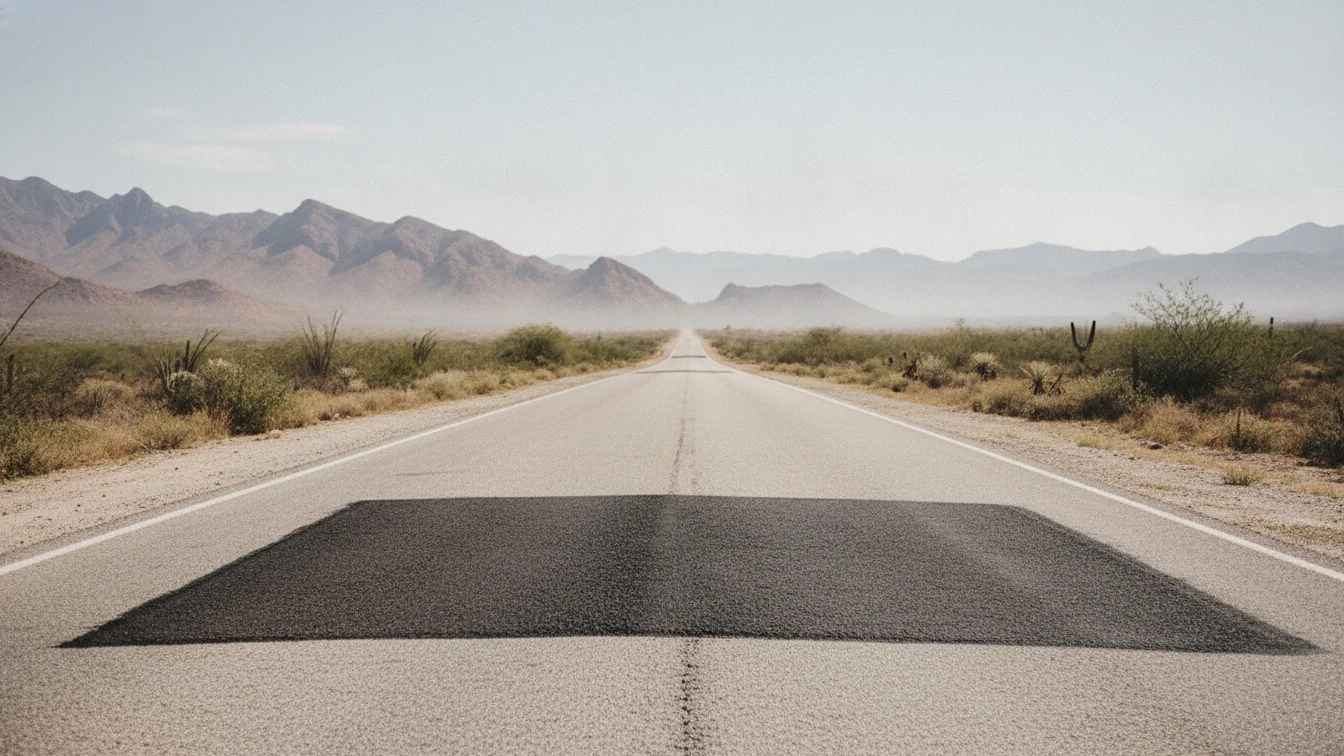 Carretera del desierto de Chihuahua con un bache recién reparado con asfalto en frío