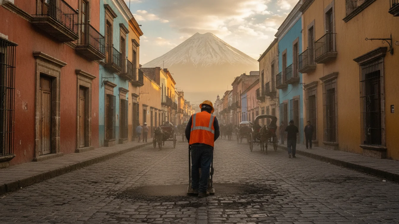 Trabajador compactando un bache en una calle del centro histórico de Puebla